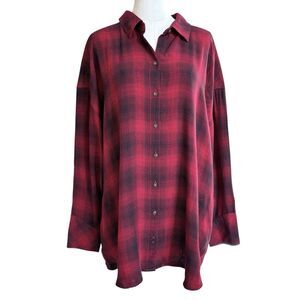 J. Jill 2X Button Down Tunic Top Shirt Blouse Double Cloth Plaid Red Pockets
